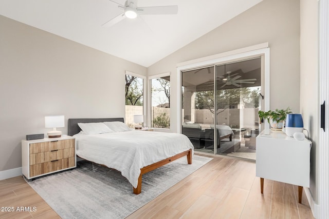 bedroom with access to outside, light wood-style floors, baseboards, ceiling fan, and vaulted ceiling