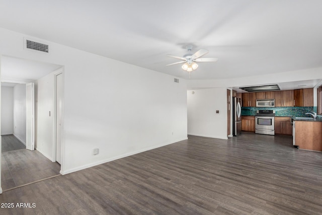 unfurnished living room featuring ceiling fan, dark hardwood / wood-style floors, and sink