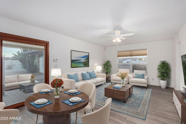 living room featuring ceiling fan and light hardwood / wood-style flooring