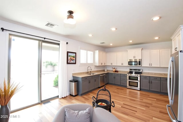 20258 S 196th St, Queen Creek, AZ 85142 - kitchen with stainless steel appliances, gray cabinetry, light wood-type flooring, white cabinets, and recessed lighting
