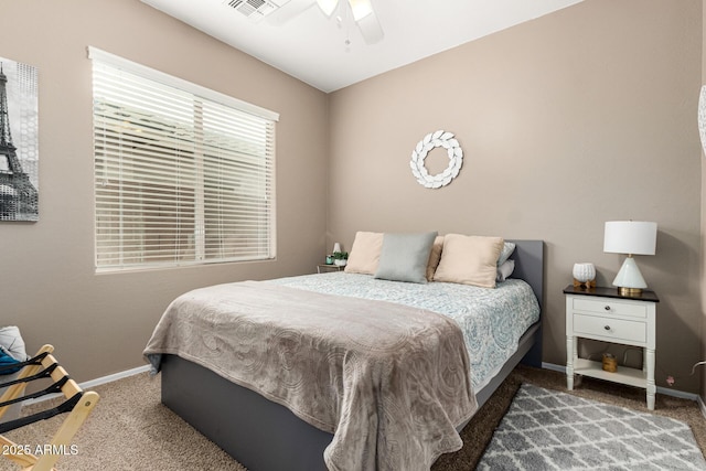 bedroom with carpet floors, baseboards, and ceiling fan