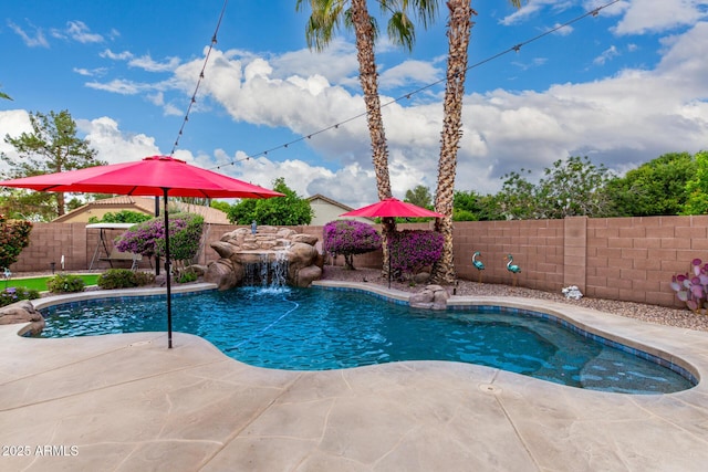 view of swimming pool with a fenced backyard and a patio