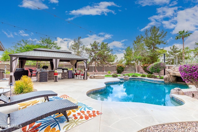 view of pool with a gazebo, a fenced backyard, a patio, and a hot tub