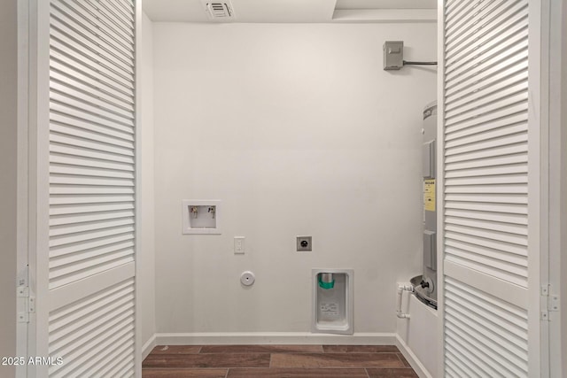 clothes washing area featuring visible vents, dark wood finished floors, hookup for a gas dryer, washer hookup, and electric dryer hookup