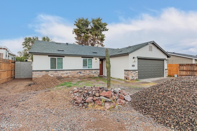 ranch-style house featuring stone siding, roof with shingles, fence, and stucco siding