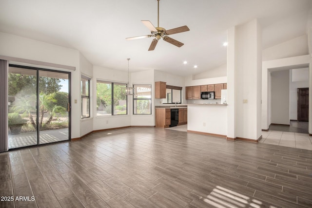 3740 W Kent Dr, Chandler, AZ 85226 - unfurnished living room with baseboards, light wood-type flooring, ceiling fan, recessed lighting, and high vaulted ceiling