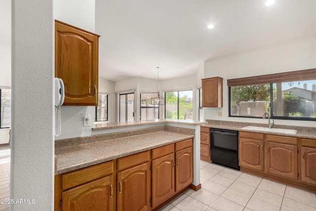 3740 W Kent Dr, Chandler, AZ 85226 - kitchen with dishwasher, a sink, light tile patterned flooring, brown cabinetry, and a peninsula