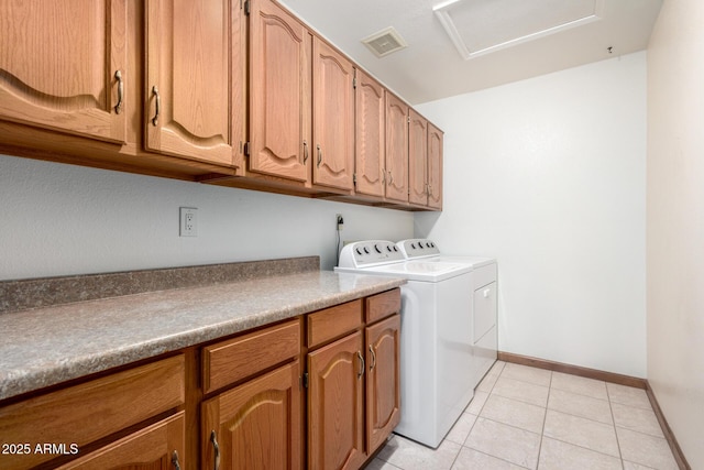 3740 W Kent Dr, Chandler, AZ 85226 - washroom with separate washer and dryer, cabinet space, light tile patterned flooring, baseboards, and attic access