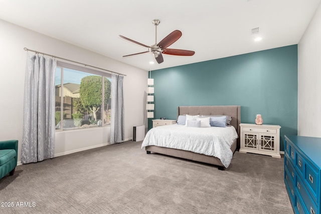 bedroom featuring ceiling fan, carpet floors, visible vents, and recessed lighting