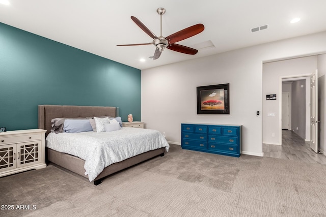 carpeted bedroom with baseboards, a ceiling fan, visible vents, and recessed lighting