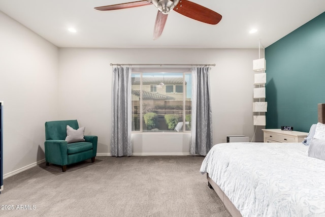 bedroom featuring baseboards, carpet flooring, and recessed lighting