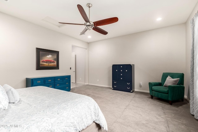 bedroom with recessed lighting, light colored carpet, ceiling fan, and baseboards