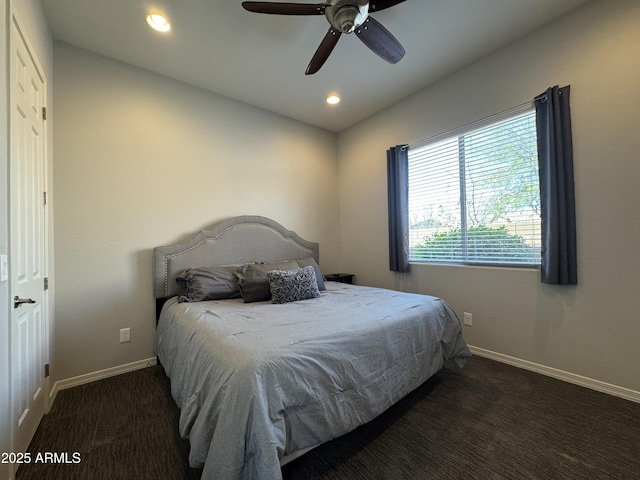 bedroom featuring ceiling fan, baseboards, carpet flooring, and recessed lighting