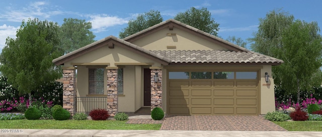 3551 W Mary Dr, San Tan Valley, AZ 85144 - view of front of house with stucco siding, decorative driveway, an attached garage, and stone siding