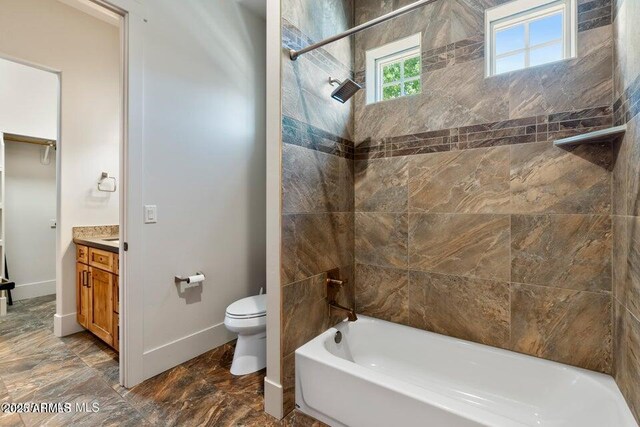 1568 Gettysvue Way, Prescott, AZ 86301 - bathroom with toilet, vanity, baseboards, shower / tub combination, and marble finish floors