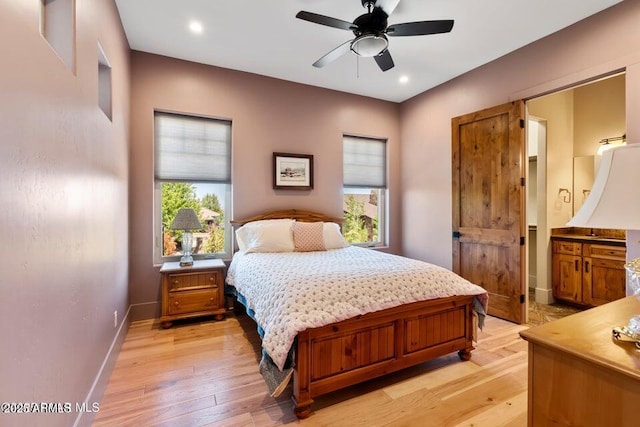 1568 Gettysvue Way, Prescott, AZ 86301 - bedroom with light wood-style floors, baseboards, ensuite bath, recessed lighting, and a ceiling fan