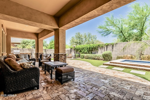 7242 W Rowel Rd, Peoria, AZ 85383 - fenced backyard with a hot tub, outdoor lounge area, and a patio
