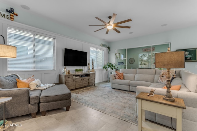 living room with ceiling fan