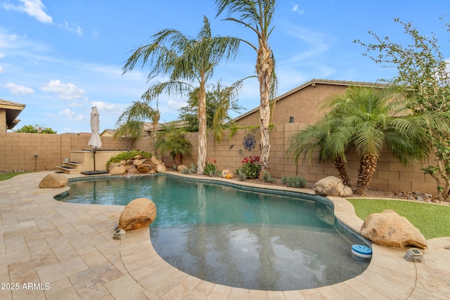 view of pool with a fenced backyard and a patio