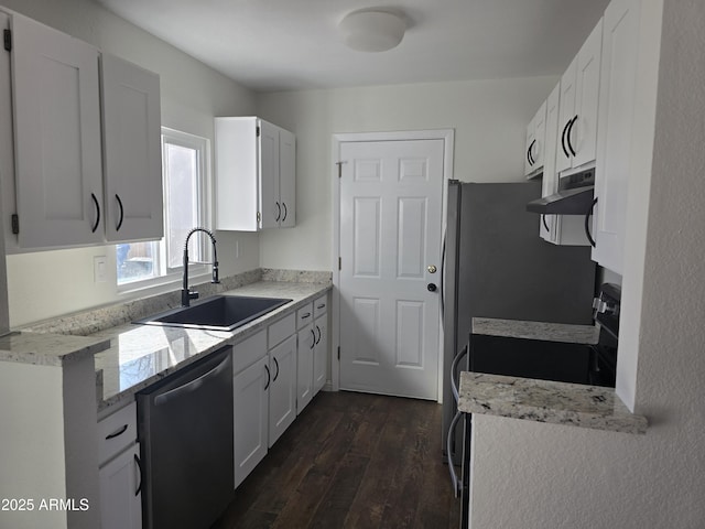 kitchen featuring white cabinetry, stainless steel appliances, dark wood-type flooring, and sink