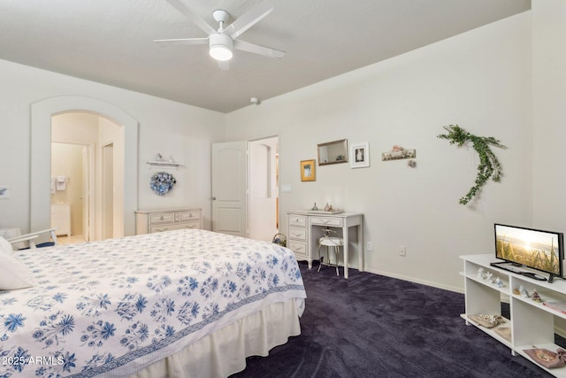 bedroom with ceiling fan and dark colored carpet