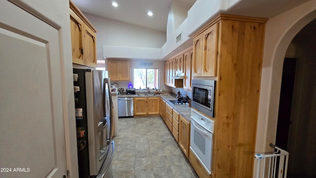 kitchen with appliances with stainless steel finishes, light brown cabinetry, lofted ceiling, and sink