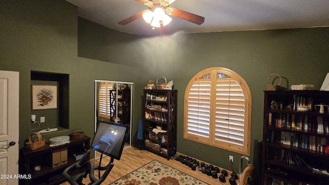 2926 W Tanya Trl, Phoenix, AZ 85086 - office area with wood finished floors, ceiling fan, and vaulted ceiling