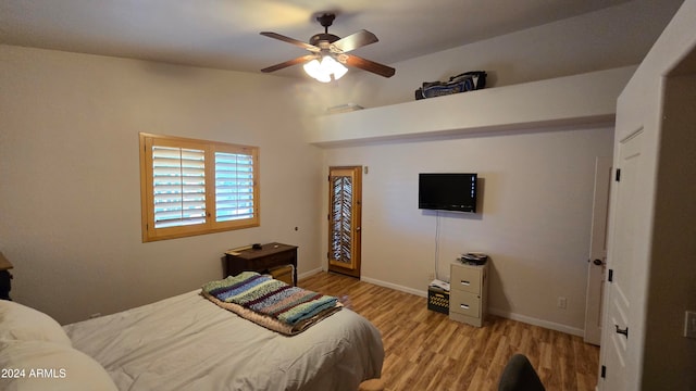 bedroom featuring ceiling fan and light wood-type flooring