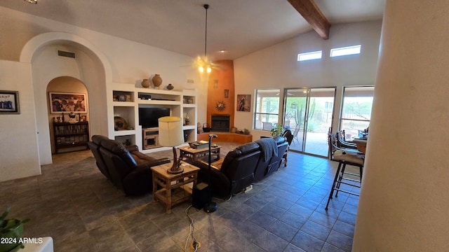 tiled living room featuring beam ceiling, high vaulted ceiling, and built in features