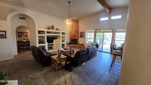 2926 W Tanya Trl, Phoenix, AZ 85086 - living room featuring built in shelves, beam ceiling, high vaulted ceiling, and arched walkways