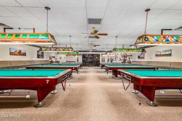 game room with a paneled ceiling, visible vents, and pool table