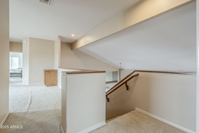 4864 E Eden Dr, Cave Creek, AZ 85331 - corridor with an upstairs landing, recessed lighting, carpet flooring, lofted ceiling with beams, and baseboards