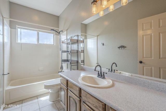 4864 E Eden Dr, Cave Creek, AZ 85331 - full bath featuring toilet, vanity, a textured wall, tile patterned flooring, and shower / bathtub combination