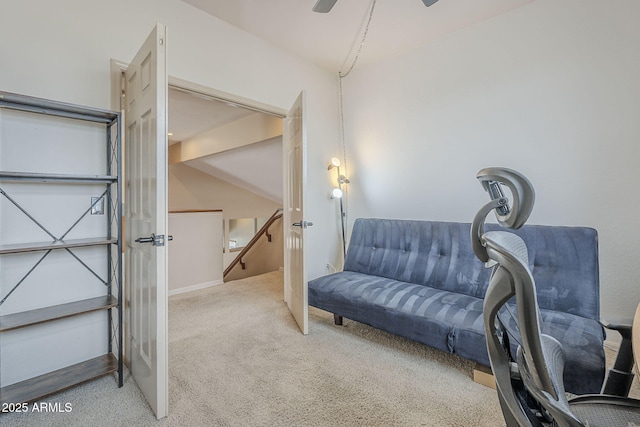 4864 E Eden Dr, Cave Creek, AZ 85331 - living area featuring carpet floors, an upstairs landing, and ceiling fan