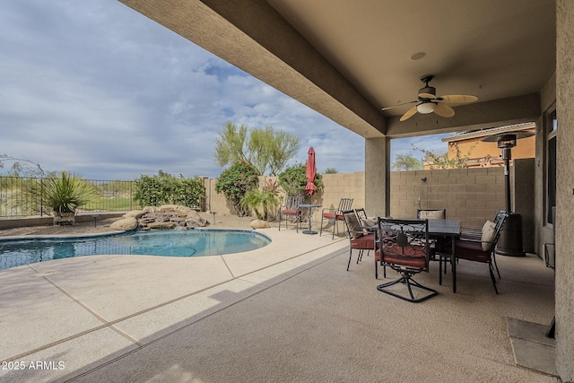4864 E Eden Dr, Cave Creek, AZ 85331 - view of swimming pool with a patio, a fenced backyard, a fenced in pool, outdoor dining area, and a ceiling fan