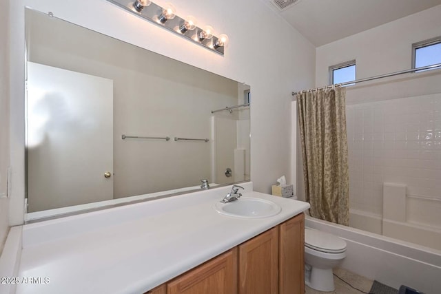 full bathroom with toilet, vanity, and shower / bath combination with curtain