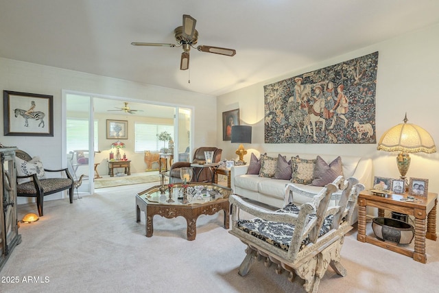 living room with carpet flooring and ceiling fan