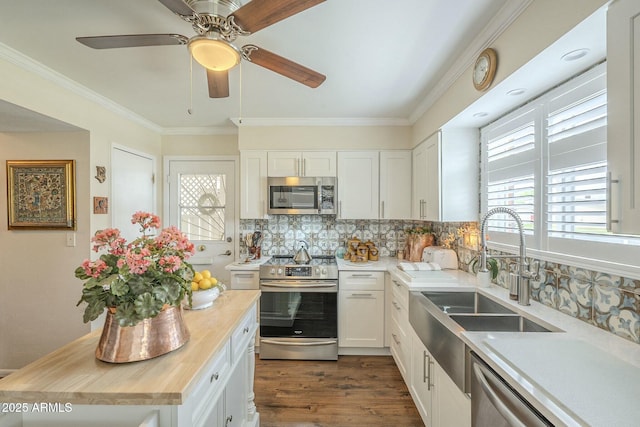 kitchen featuring dark wood-style floors, wooden counters, a sink, stainless steel appliances, and tasteful backsplash