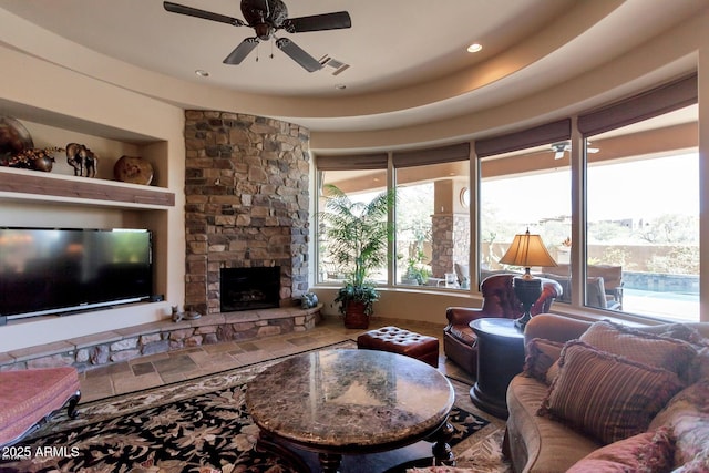 35195 N 98th St Unit 85, Scottsdale, AZ 85262 - living room with a ceiling fan, a fireplace, and recessed lighting