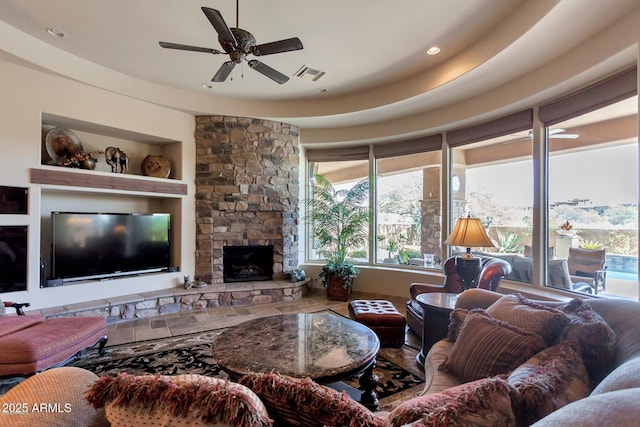 35195 N 98th St Unit 85, Scottsdale, AZ 85262 - living room featuring ceiling fan, plenty of natural light, a fireplace, recessed lighting, and built in shelves