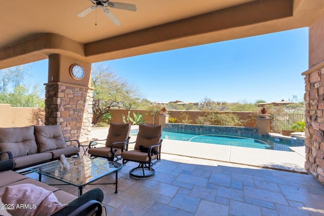 35195 N 98th St Unit 85, Scottsdale, AZ 85262 - fenced backyard featuring an outdoor hangout area, ceiling fan, and a patio