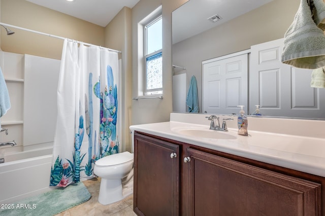 full bathroom with shower / bath combination with curtain, tile patterned floors, vanity, and toilet