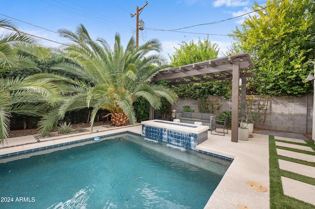 view of swimming pool with a pergola, pool water feature, and an in ground hot tub