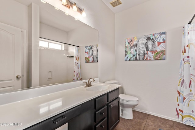 full bath with vanity, toilet, tile patterned floors, a shower with curtain, and visible vents