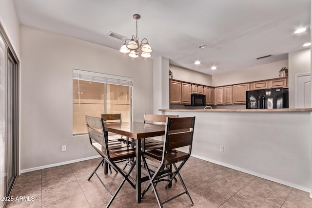 dining space featuring a chandelier, visible vents, light tile patterned flooring, and recessed lighting