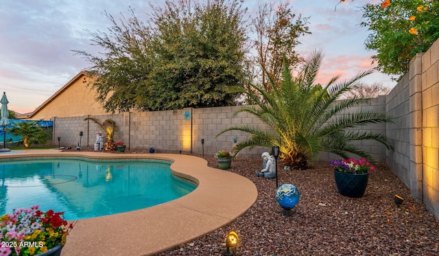 pool at dusk featuring a fenced backyard and a fenced in pool