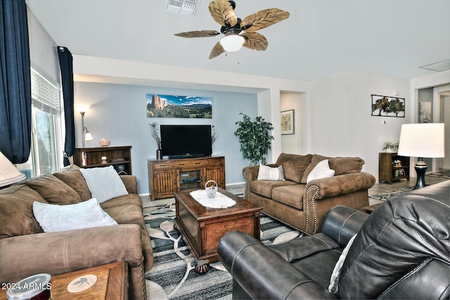 living room featuring ceiling fan