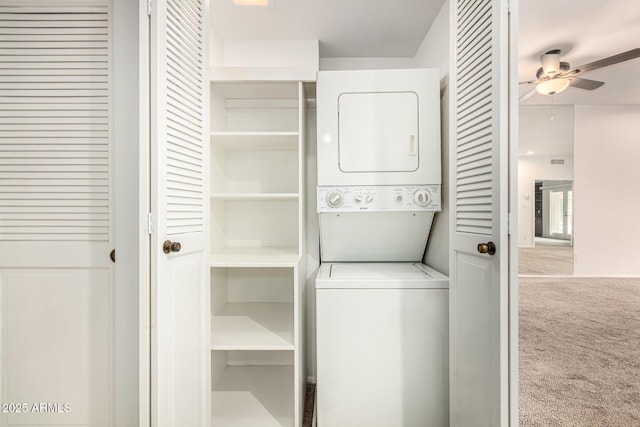 5200 S Lakeshore Dr Unit 206, Tempe, AZ 85283 - washroom featuring estacked washer and dryer, carpet, and a ceiling fan