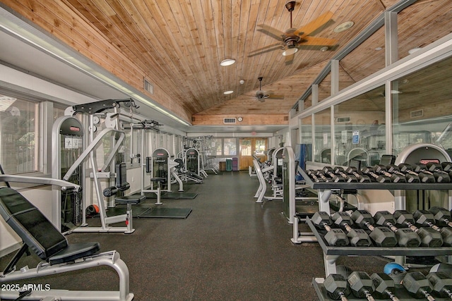 5200 S Lakeshore Dr Unit 206, Tempe, AZ 85283 - exercise room with wooden ceiling, a ceiling fan, and lofted ceiling