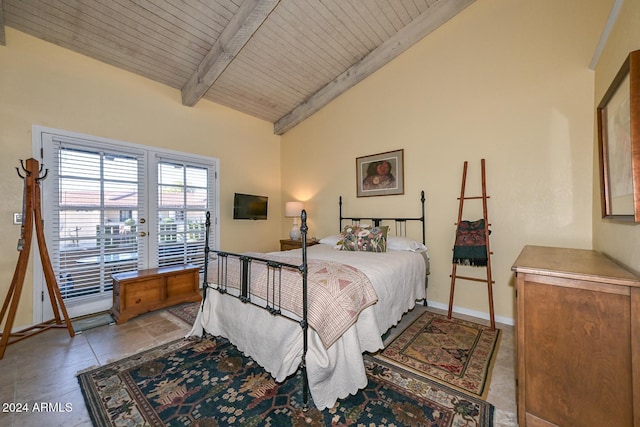 tiled bedroom featuring wood ceiling and lofted ceiling with beams